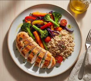 Illustration d’une assiette équilibrée pour le lipœdème basée sur l’alimentation anti-inflammatoire